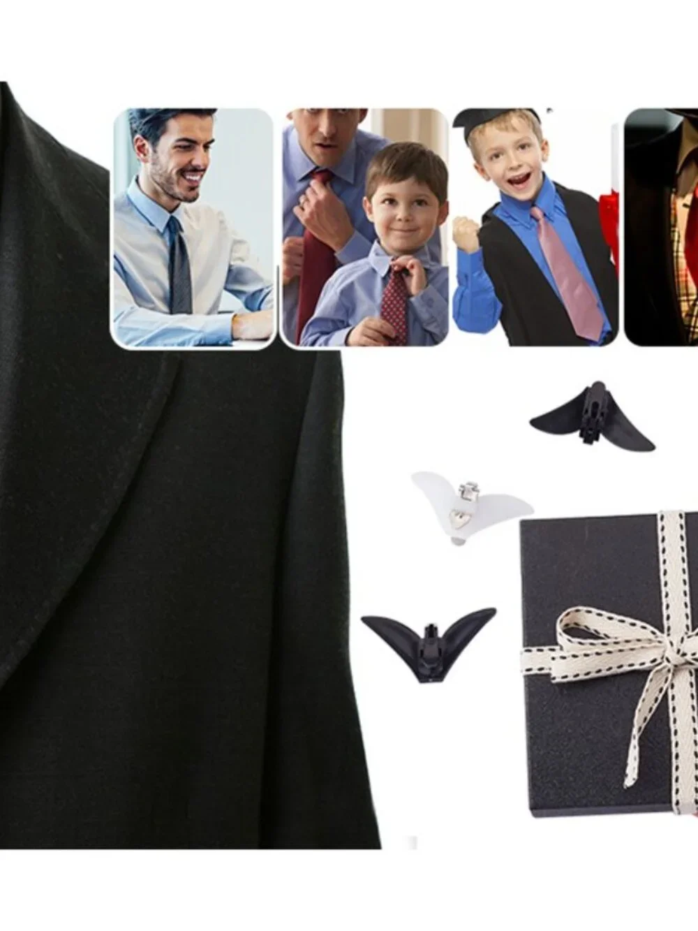 Bowtie/Tie Hardware Fastener Clips with Plastic Fixed Collar Clips | Black | Whi